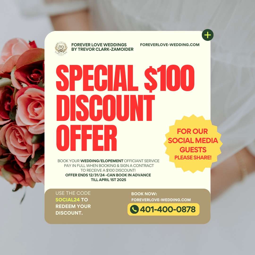 Save $100 off wedding/elopement service.