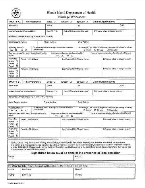 RI Dept Of Health Marriage Worksheet